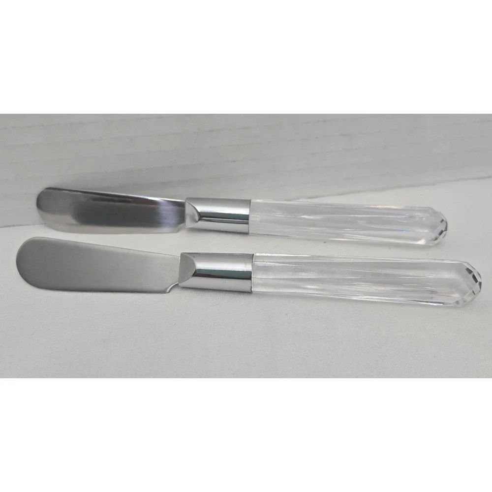 2 Vtg Stanley Roberts City Lights Butter Cheese Spreaders Clear Faceted Lucite